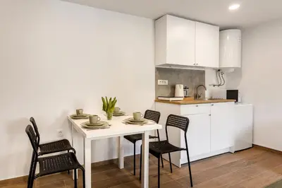 a kitchen with a table and chairs in a room at Mirola homes - rent in nature in Zagorje ob Savi