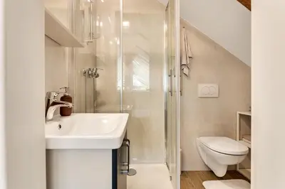 a bathroom with a shower and a sink and a toilet at Mirola homes - rent in nature in Zagorje ob Savi