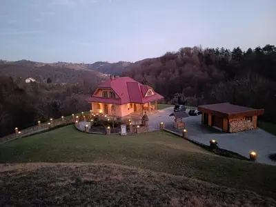 a house with a pink roof on a grass field at Vila Gradisca in Gradišča