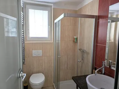 a bathroom with a shower and a toilet and a sink at Razor Vista Apartment in Tolmin