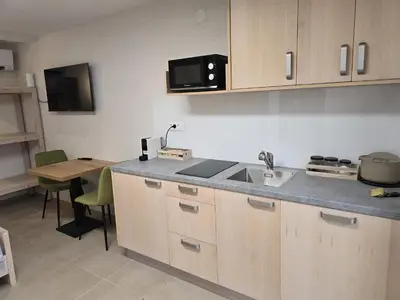 a kitchen with a sink and a microwave at Razor Vista Apartment in Tolmin