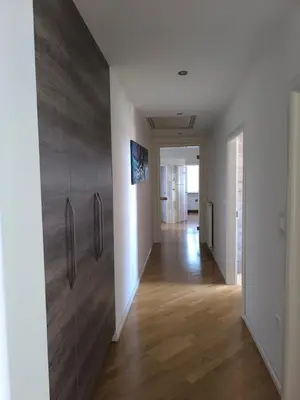 a hallway with a wall with a wooden floor at Penthouse Villa Ljubljana in Šentvid