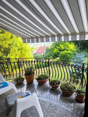 a patio with potted plants inront of a fence at Penthouse Villa Ljubljana in Šentvid