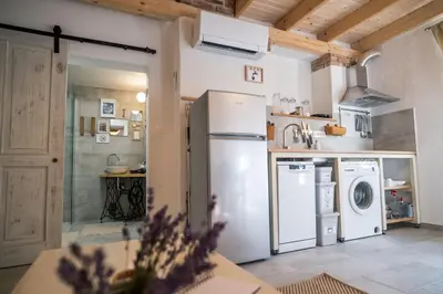 a kitchen with a refrigerator and a washer and dryer at Garage Apartments in Nova Gorica