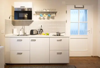 a white kitchen with a sink and a microwave at Castle Rock Bled apartment in Bled