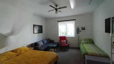 a bedroom with a bed and a couch and a window at Hiša Tarka in Dobrovnik