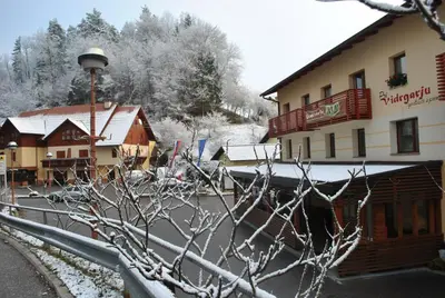a train station with a building and snow covered trees at Pri Vidrgarju in Vače