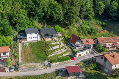 an aerial view of a village with houses at Apartma Manca in Jesenice na Dolenjskem