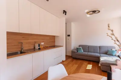a kitchen with a sink and a couch in a room at Alpine Bliss Apartment Kranjska Gora in Kranjska Gora