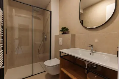 a bathroom with a toilet and a sink and a mirror at Alpine Bliss Apartment Kranjska Gora in Kranjska Gora