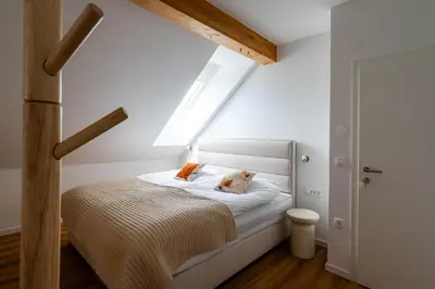 a bedroom with a white bed with a skylight at Apartment Berc in Bled