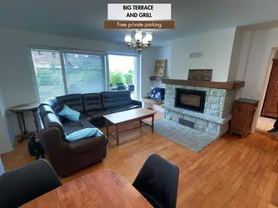 a living room with a couch and a fireplace at GM apartma in Radovljica