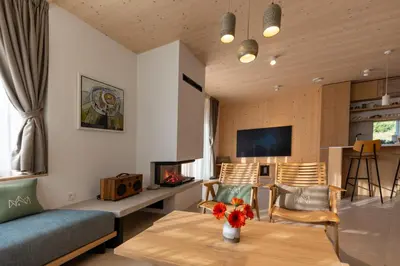 a living room with a couch and a fireplace at Chalet Bohinj Bliss Wellness and view of Triglav in Bohinj
