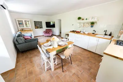a kitchen and living room with a table and chairs at Apartma FRIDA in Most na Soči