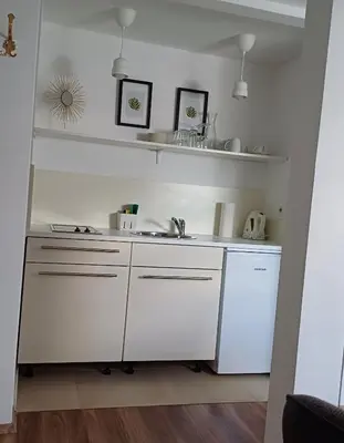 a kitchen with white cabinets and a sink at Studio apartma ZARA in Slivnica pri Mariboru