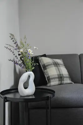 a vase on a table next to a couch at Viktor Estate in Deskle