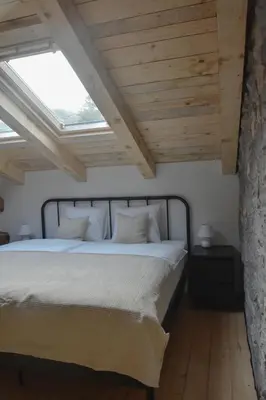 a bedroom with a large bed with a skylight at Viktor Estate in Deskle