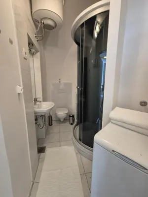 a bathroom with a shower and a toilet and a sink at Ritual Studio City Center in Ljubljana