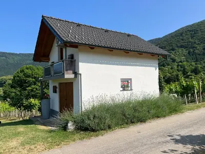 a small white building with a balcony on a road at Minicottage Casa de Lipa in Kostanjevica na Krki