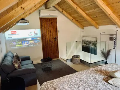 a bedroom with a bed and a couch and a screen at Minicottage Casa de Lipa in Kostanjevica na Krki