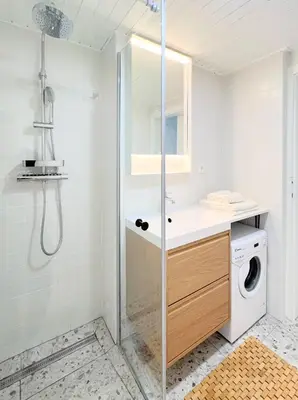 a bathroom with a shower and a washing machine at Maria's Orchard Cottage - Nature Retreat in Slovenia in Rogaška Slatina