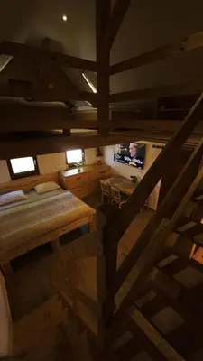 a room with a bed and a television in it at Lake house Amur in Kočevje