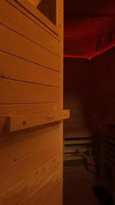 a wooden wall with a door in a room at Lake house Amur in Kočevje