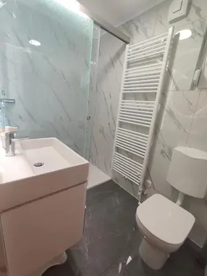 a bathroom with a white toilet and a sink at Hiška 4005 - Terme Čatež in Brežice