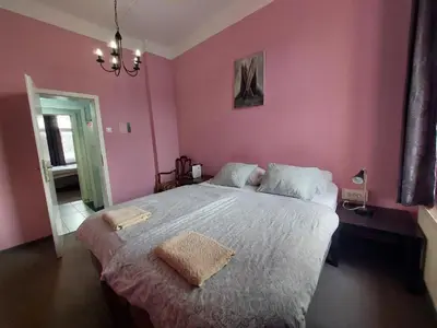 a pink bedroom with a large bed with two pillows at Bella Veselova in Ljubljana