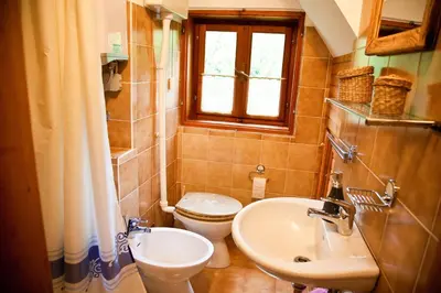 a bathroom with a sink and a toilet and a window at Domačija Koklej - Apartments Vintage Vacation in Luče