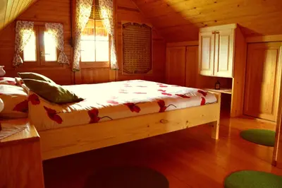 a bedroom with a bed in a cabin at Domačija Koklej - Apartments Vintage Vacation in Luče