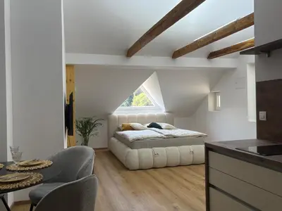 a bedroom with a bed and a window at Apartma Lavanda in Zavrč