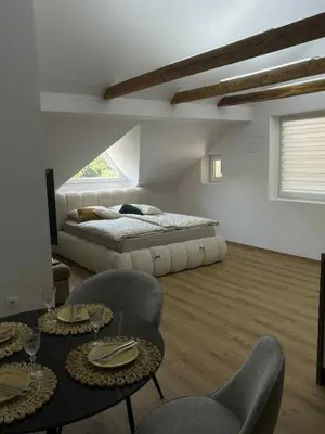 a bedroom with a bed and a table and chairs at Apartma Lavanda in Zavrč