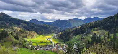 a view of a valley with mountains in the background at Apartments Na Žagi in Železniki