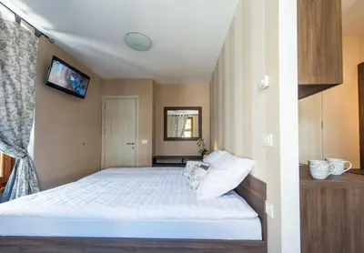 a bedroom with a bed and a tv on the wall at Hotel Pri mostu in Dolenjske Toplice