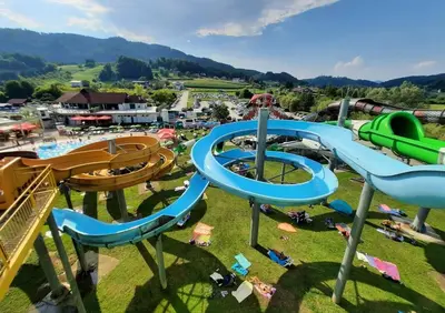 an aerial view of a water park with a water slide at Hiška Betnava - G115 in Podčetrtek