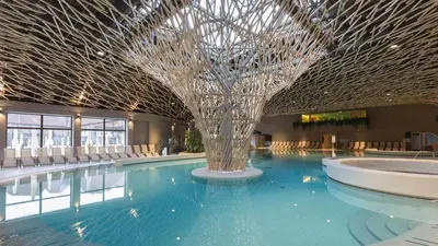 a large swimming pool with a large centerpiece in a building at Hiška Betnava - G115 in Podčetrtek