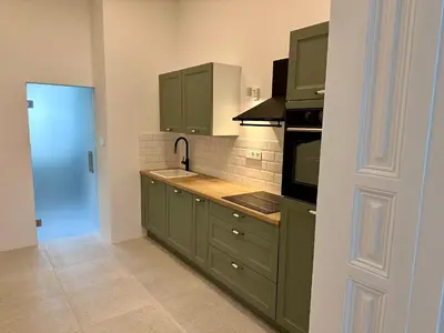 a kitchen with green cabinets and a sink at Spacious Designer Apartment in heart of the town in Maribor