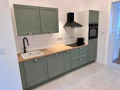 a kitchen with green cabinets and a sink at Spacious Designer Apartment in heart of the town in Maribor