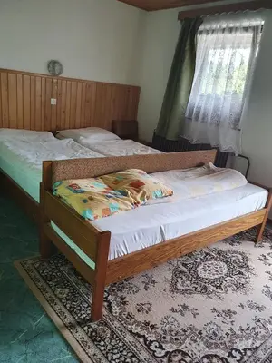 a bedroom with two twin beds and a rug at Apartmaji Julijana Podlipnik in Bohinj