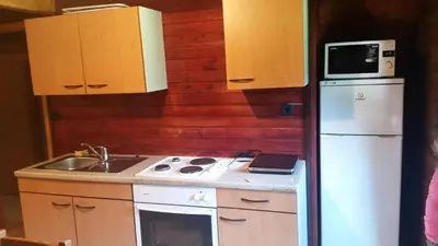 a kitchen with a white refrigerator and a sink at Brunarica Bled Zatrnik Pokljuka in Bled