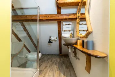 a bathroom with a sink and a toilet at Sobe na skednju in Bohinjska Bistrica