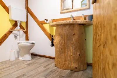 a bathroom with a wooden sink and a toilet at Sobe na skednju in Bohinjska Bistrica