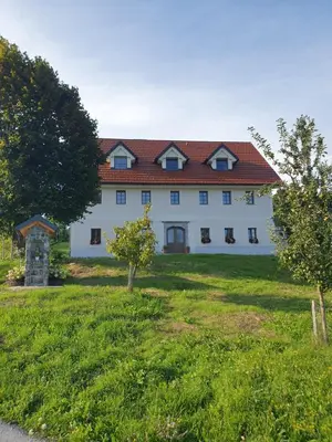 a large white house with a red roof at Domačija Blaževc in Žiri