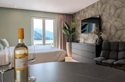 a bottle of wine sitting on a table in a room at Green Heart Suites in Podljubelj