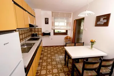 a kitchen and dining room with a table and chairs at Apartma PR ČEHC in Tolmin