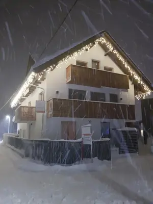 a house with lights on it in the snow at Apartments Katja in Kranjska Gora