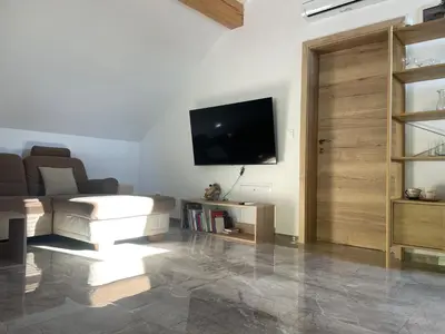 a living room with a couch and a flat screen tv at Zerko Holiday Apartment Janko with JACUZZI and SAUNA in Mirna