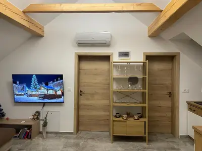 a room with two wooden doors and a shelf with glasses at Zerko Holiday Apartment Janko with JACUZZI and SAUNA in Mirna