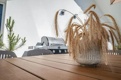 a table with a plant sitting on top of it at Strato Apartment in Kočevje
